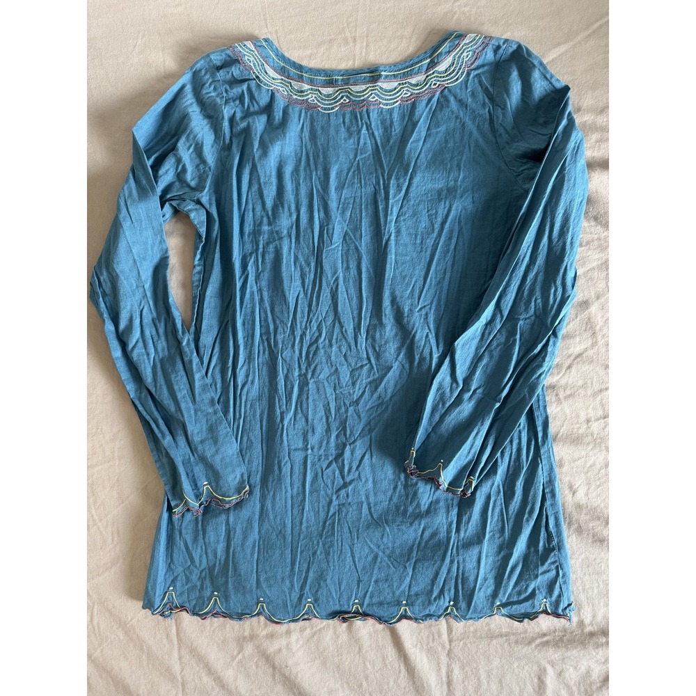 Lucky Brand Shirt Womens Small Blue Embroidered Scallop Boho‎ Tunic Long Sleeve - Picture 4 of 12